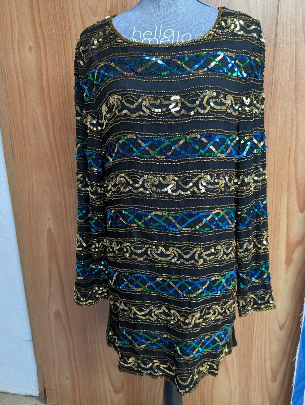Vintage Papell Boutique Evening Sequin Silk Tunic Dress Top Large